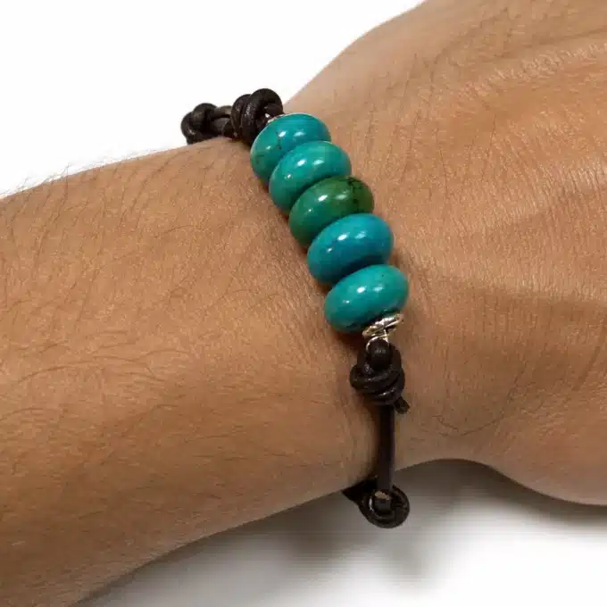 N4722 Bracelet homme cordon cuir Argent rondelles en howlite turquoise - Bijoux Bracelets hommes en ligne Ninanina