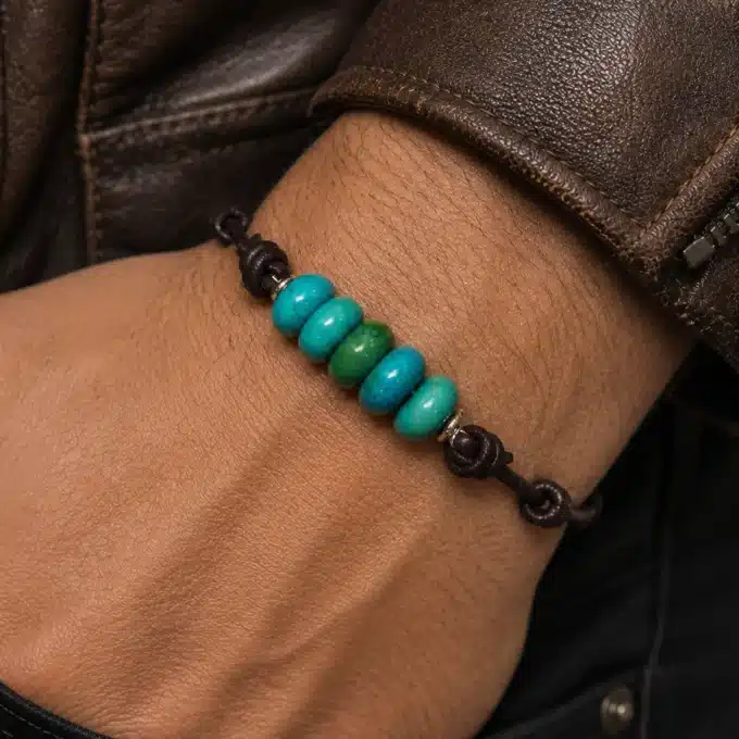 N4722a Bracelet homme cordon cuir Argent rondelles en howlite turquoise - Bijoux Bracelets hommes en ligne Ninanina