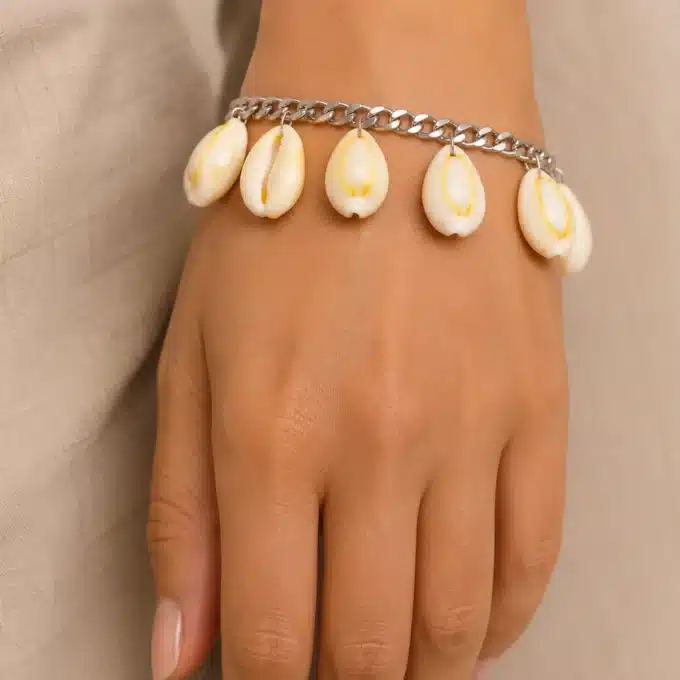 N4728b Bracelet coquillages cauris femme chaine acier inoxydable - Bijoux bracelets femmes en ligne Ninanina