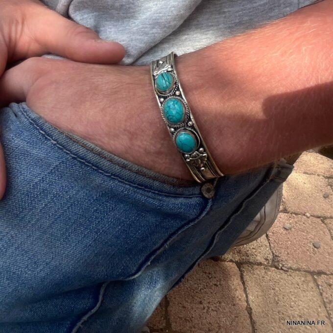 N4736a Manchette Turquoise naturelle - Bracelet artisanal - Bijoux Bracelets en ligne Ninanina