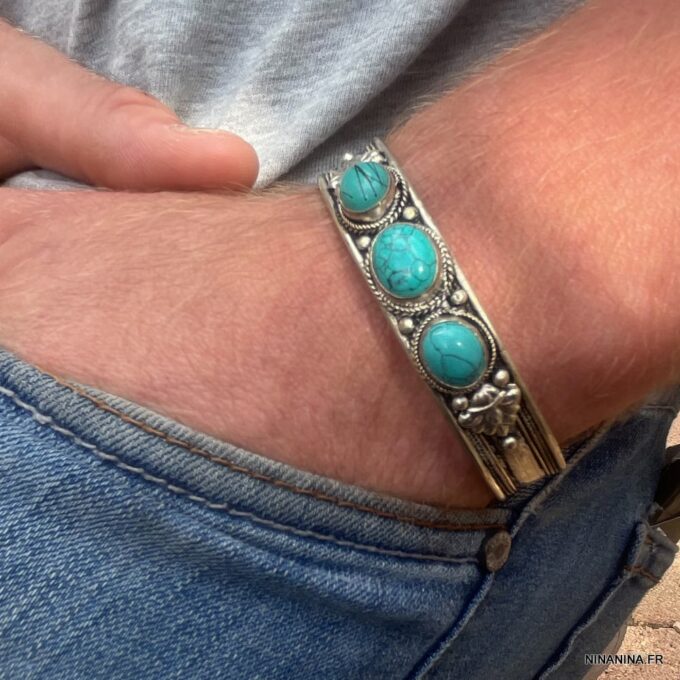 N4736b Manchette Turquoise naturelle - Bracelet artisanal - Bijoux Bracelets en ligne Ninanina