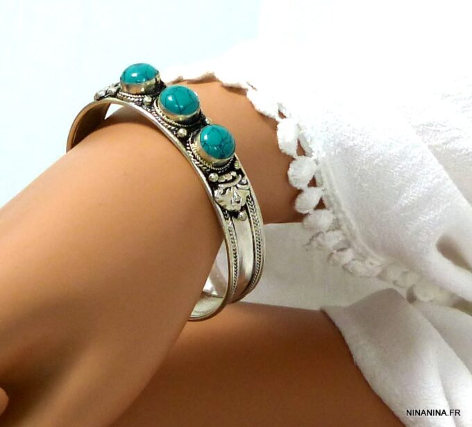 N4736e bracelet manchette turquoise argent tibétain