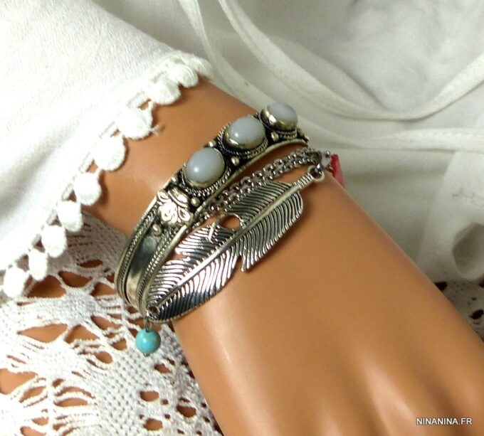 N4737e Bracelet manchette argent pierre de lune