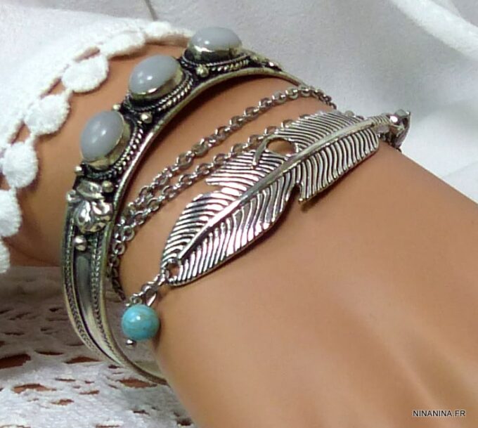 N4737f Bracelet manchette argent pierre de lune