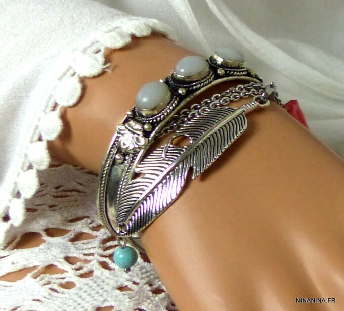 N4737h Bracelet manchette argent pierre de lune