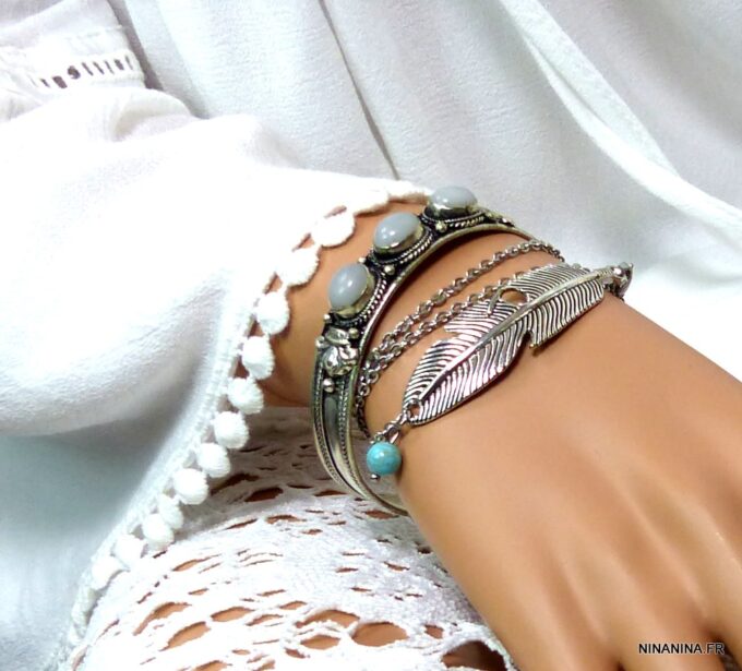 N4737j Bracelet manchette argent pierre de lune