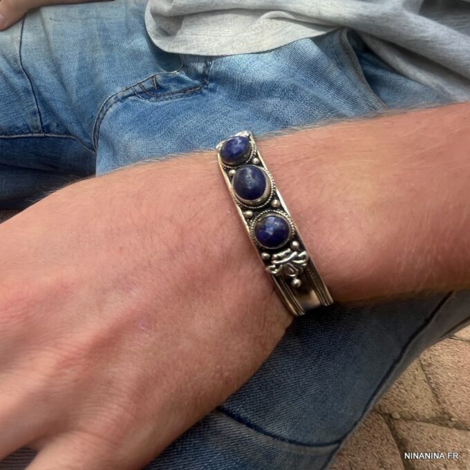 N4738 Bracelet manchette pierre bleu Lapis Lazuli artisanal - Bijoux Bracelets en ligne Ninanina
