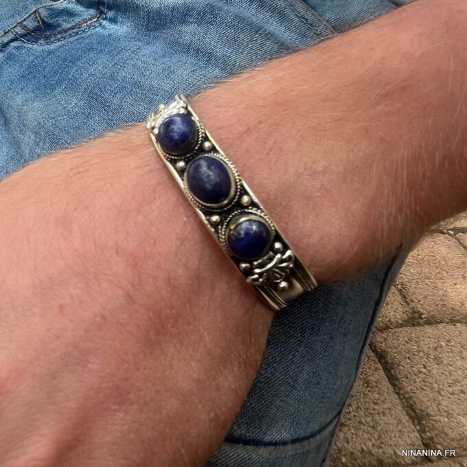N4738a Bracelet manchette pierre bleu Lapis Lazuli artisanal - Bijoux Bracelets en ligne Ninanina