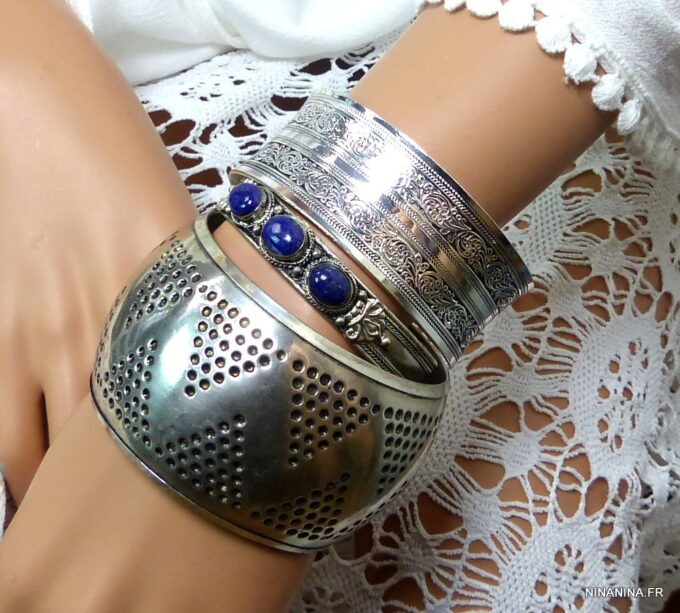 N4738BISe BRACELET MANCHETTE ARGENT LAPIS LAZZULI