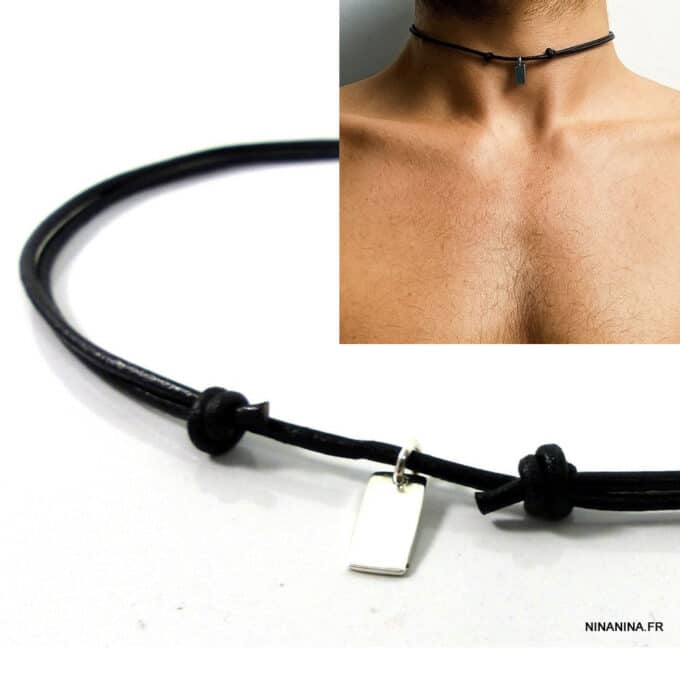 N4748a Collier cordon cuir artisanal réglable avec noeud coulissant et pendentif rectangle Argent 925 massif - Bijoux Colliers en ligne Ninanina