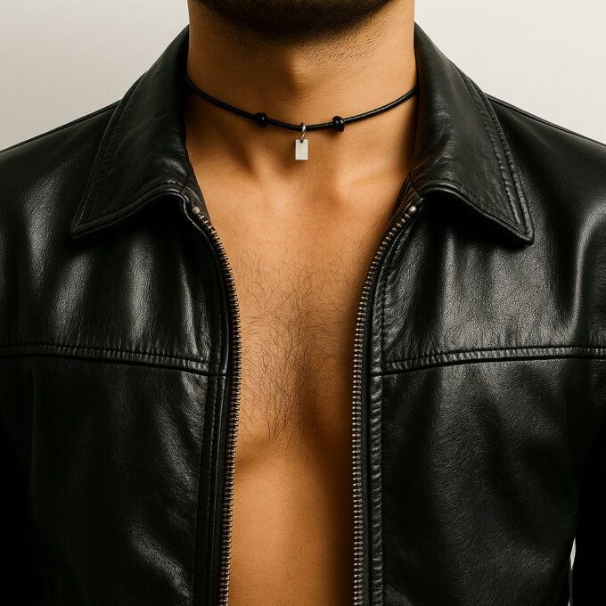 N4748C Collier cordon cuir artisanal réglable avec noeud coulissant et pendentif rectangle Argent 925 massif - Bijoux Colliers