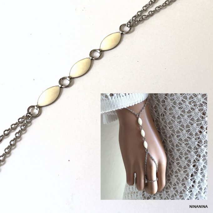 N4755a Parure de main - Bracelet bague acier inoxydable perles blanches - Bijoux de mains en ligne Ninanina