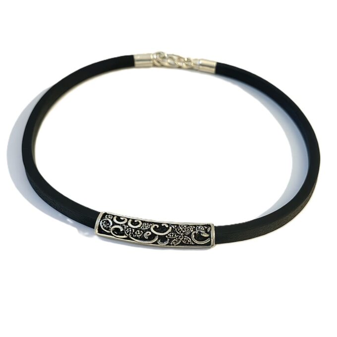 N4778 Bracelet lacet cuir plat noir homme et perle tube ajourée en Argent 925 massif - Bijoux Bracelets en ligne Ninanina