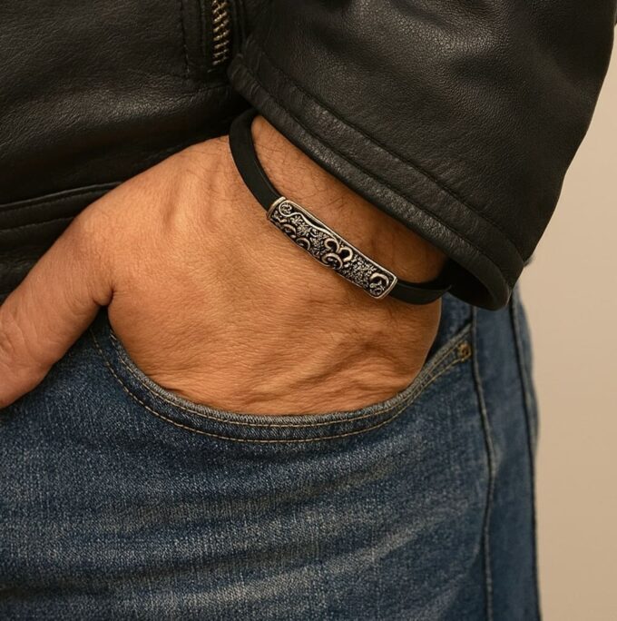 N4778a Bracelet lacet cuir plat noir homme et perle tube ajourée en Argent 925 massif - Bijoux Bracelets en ligne Ninanina