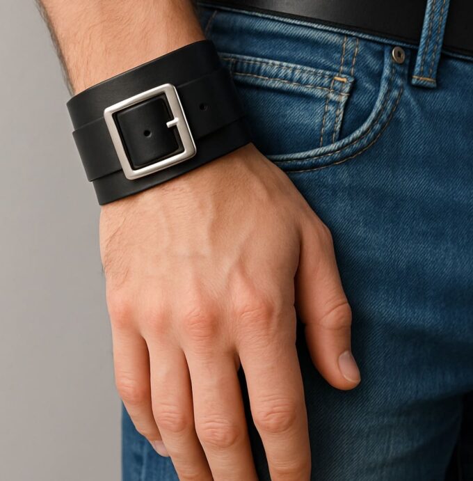 N4784b Bracelet de force en cuir noir boucle carrée métal argenté pour homme - Bracelets manchettes larges en ligne Ninanina