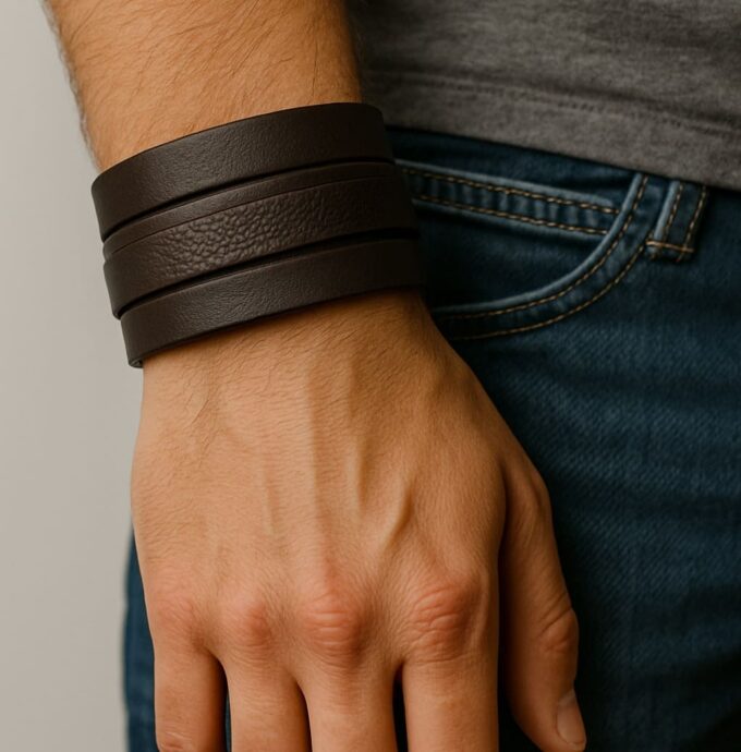 N4784e Bracelet de force en cuir noir boucle carrée métal argenté pour homme - Bracelets manchettes larges en ligne Ninanina