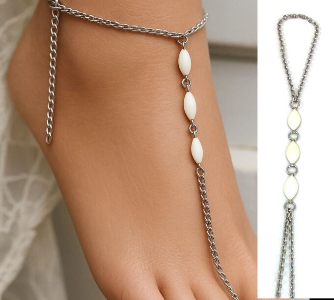 N4805a Chaine de pied femme Acier inoxydable losanges blancs émaillés artisanal - Bijoux de pieds en ligne Ninanina