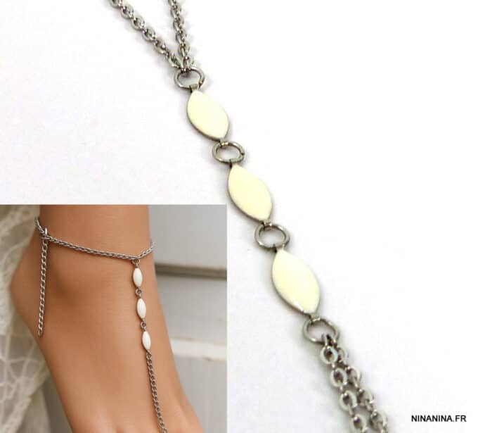 N4805d Chaine de pied femme Acier inoxydable losanges blancs émaillés artisanal - Bijoux de pieds en ligne Ninanina