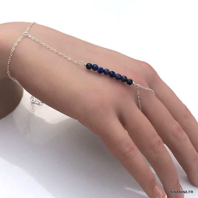 N4809a Bracelet bague pierre bleue Lapis Lazuli Et Argent 925 - Bijoux de main en ligne Ninanina