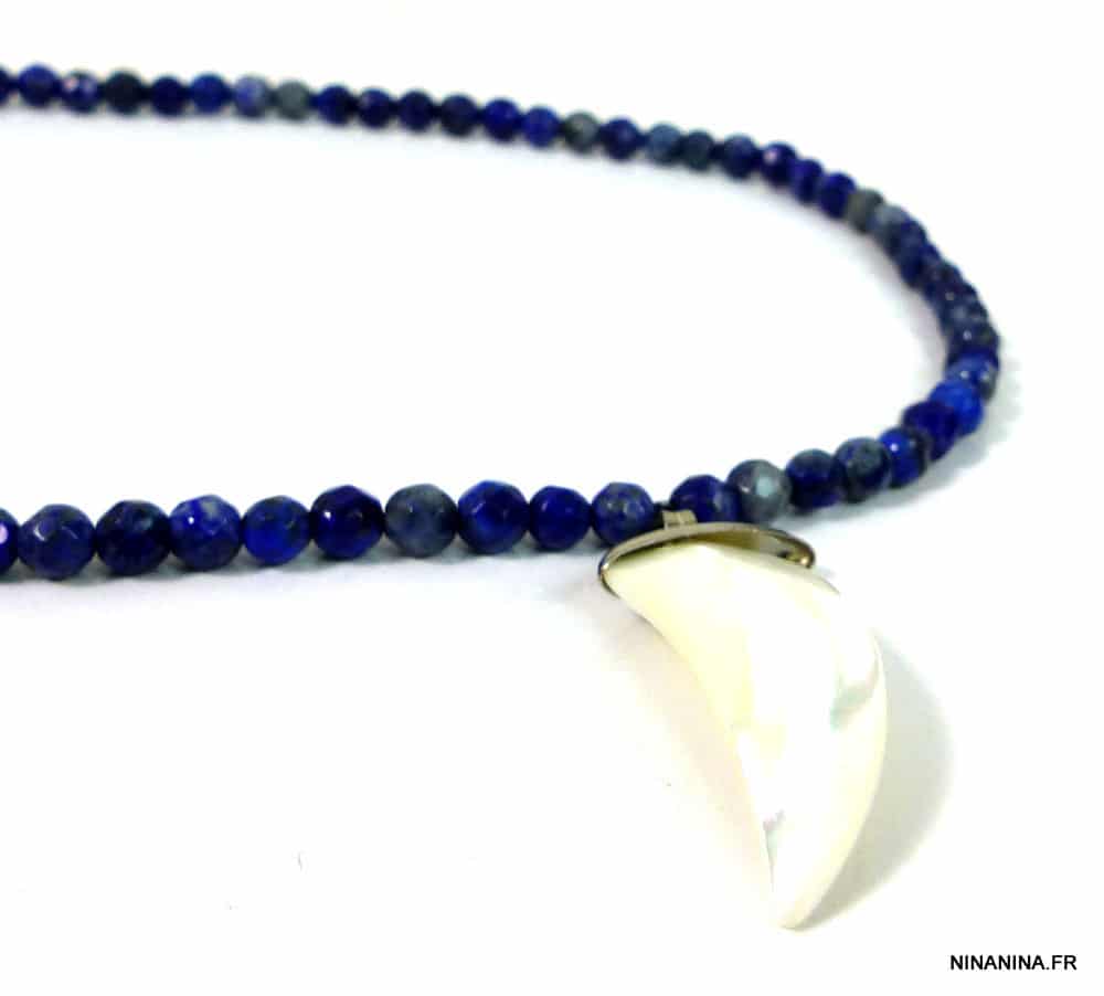 Collier lapis lazuli femme pendentif dent de requin nacre blanche – Image 4