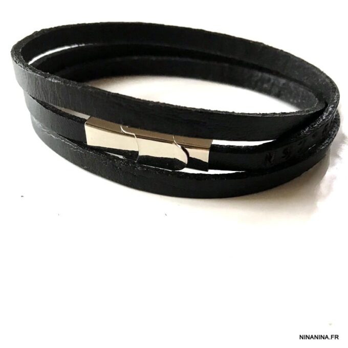 N4827 Bracelet coordonnées gps homme gravés sur lacet cuir - Bijoux Bracelets personnalises en ligne Ninanina