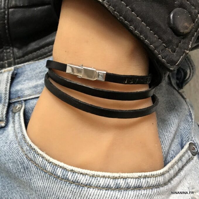 N4827a Bracelet coordonnées gps homme gravés sur lacet cuir - Bijoux Bracelets personnalises en ligne Ninanina