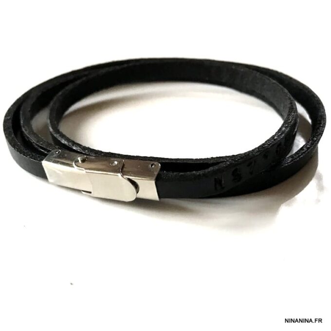N4827f Bracelet coordonnées gps homme gravés sur lacet cuir - Bijoux Bracelets personnalises en ligne Ninanina