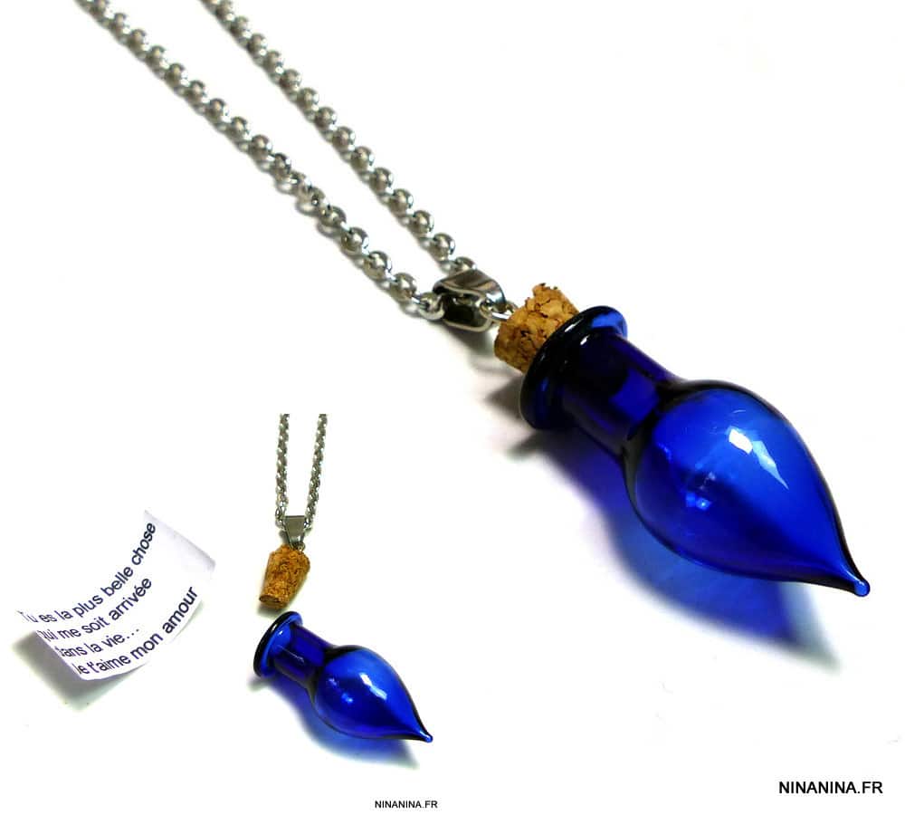 Collier long - Sautoir message personnalisé fiole de verre bleu – Image 8
