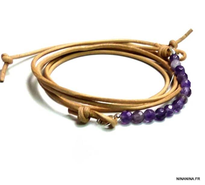 N4886b Bracelet Amethyste violet perles à facettes et argent 925 cordon cuir - Bijoux Bracelets en ligne Ninanina