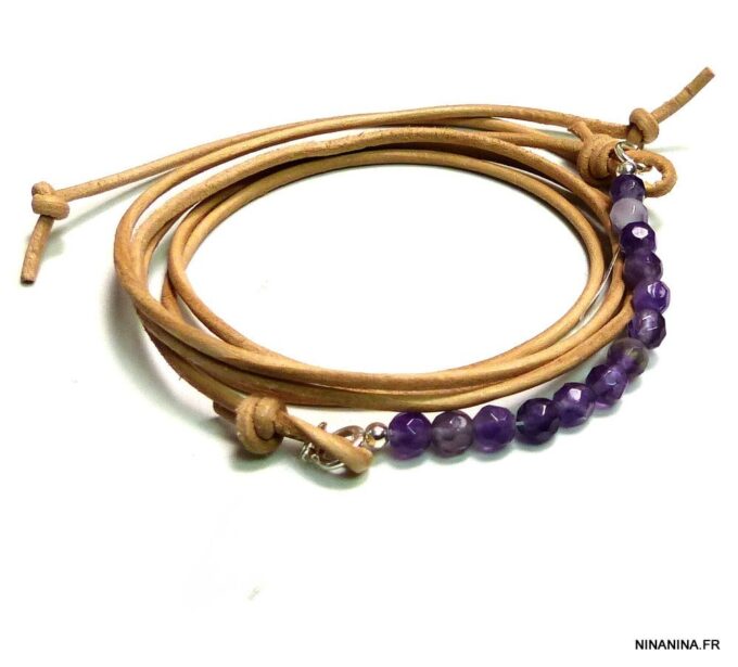 N4886d Bracelet Amethyste violet perles à facettes et argent 925 cordon cuir - Bijoux Bracelets en ligne Ninanina
