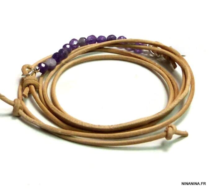 N4886e Bracelet Amethyste violet perles à facettes et argent 925 cordon cuir - Bijoux Bracelets en ligne Ninanina