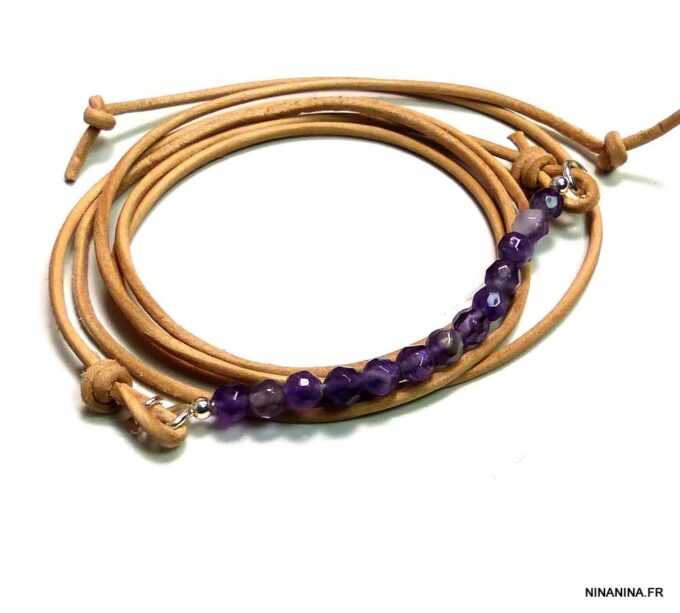 N4886f Bracelet Amethyste violet perles à facettes et argent 925 cordon cuir - Bijoux Bracelets en ligne Ninanina