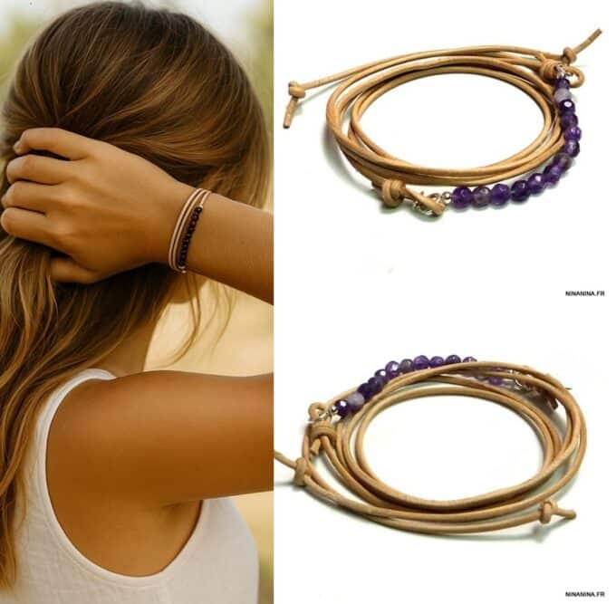 N4886h Bracelet Amethyste violet perles à facettes et argent 925 cordon cuir – Bijoux Bracelets en ligne Ninanina