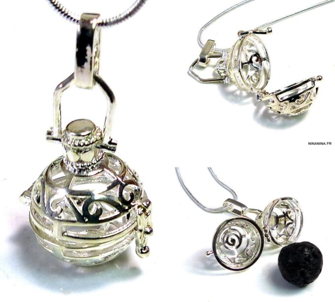 N4890a Collier long sautoir diffuseur de parfum métal argent