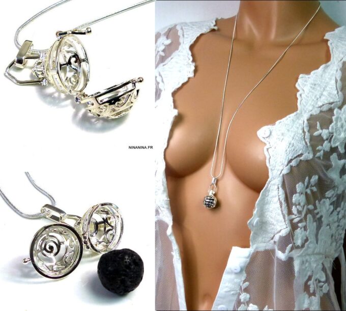 N4890bis Collier long sautoir boule diffuseur de parfum métal argent