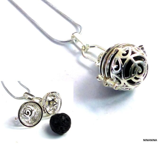 N4890bisa Collier long sautoir boule diffuseur de parfum métal argent