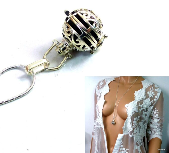 N4890bisc Collier long sautoir boule diffuseur de parfum métal argent