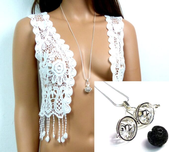 N4890d Collier long sautoir diffuseur de parfum métal argent