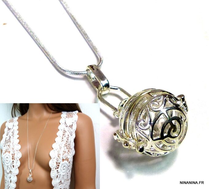 N4890i Collier long sautoir diffuseur de parfum métal argent
