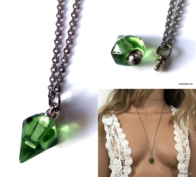 N4892d Collier long sautoir flacon de parfum rechargeable vert - Bijoux Colliers en ligne Ninanina