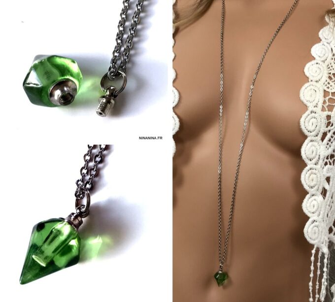 N4892g Collier long sautoir flacon de parfum rechargeable vert - Bijoux Colliers en ligne Ninanina