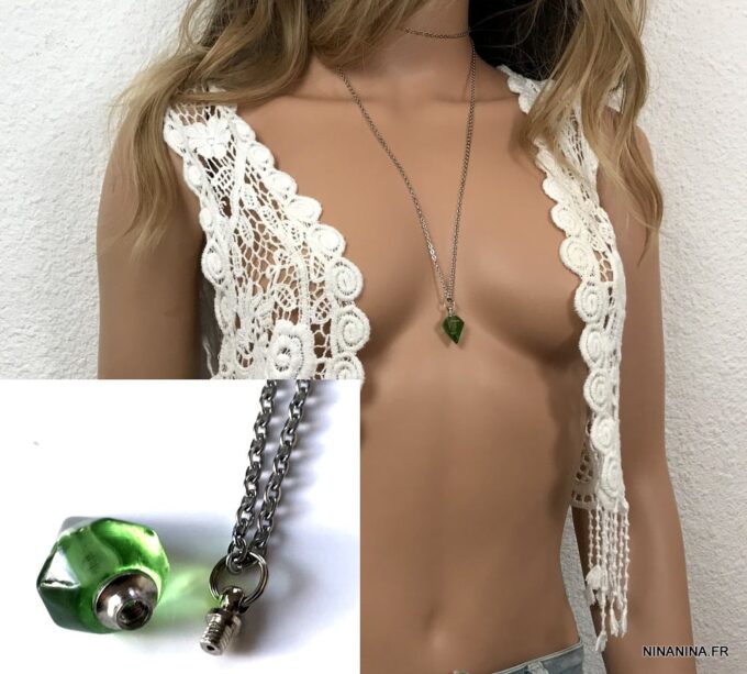 N4892h Collier long sautoir flacon de parfum rechargeable vert - Bijoux Colliers en ligne Ninanina