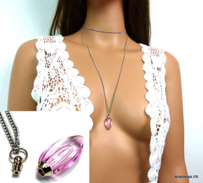 N4893 Collier fiole de parfum en verre goutte rose