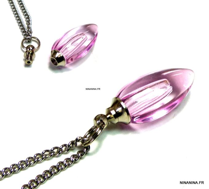 N4893a Collier fiole de parfum en verre goutte rose