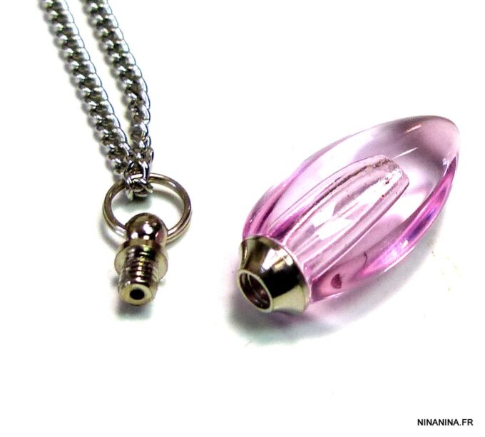 N4893b Collier fiole de parfum en verre goutte rose