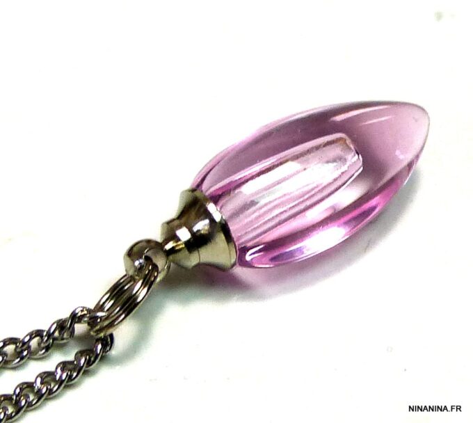 N4893g Collier fiole de parfum en verre goutte rose