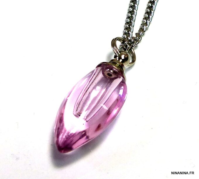 N4893j Collier fiole de parfum en verre goutte rose