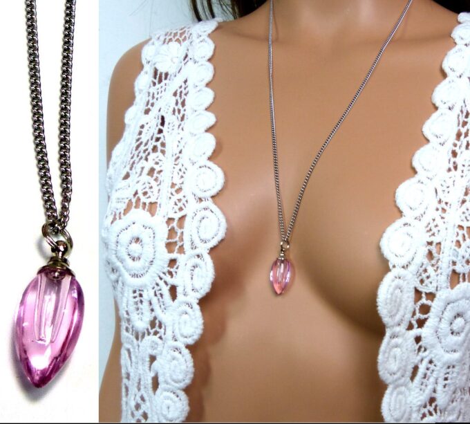 N4893k Collier fiole de parfum en verre goutte rose