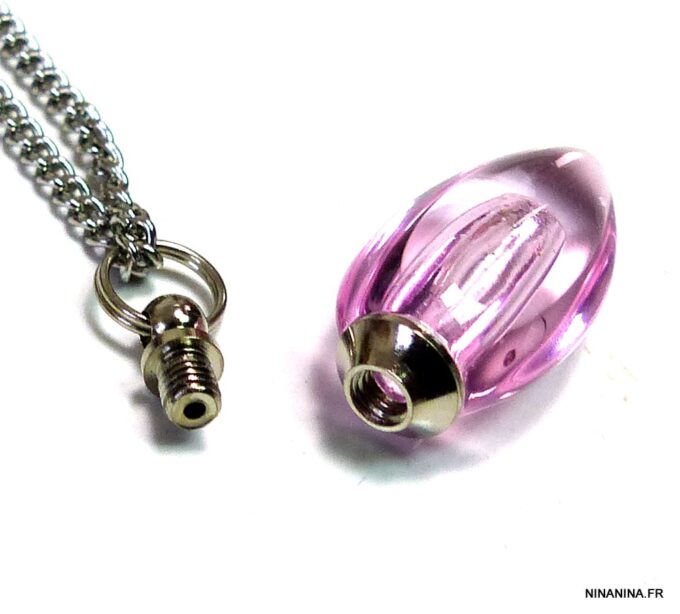 N4893m Collier fiole de parfum en verre goutte rose