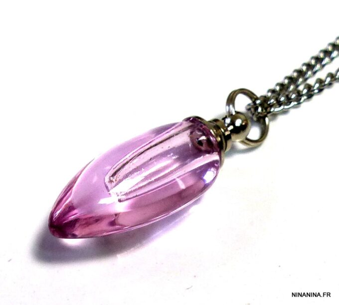 N4893n Collier fiole de parfum en verre goutte rose
